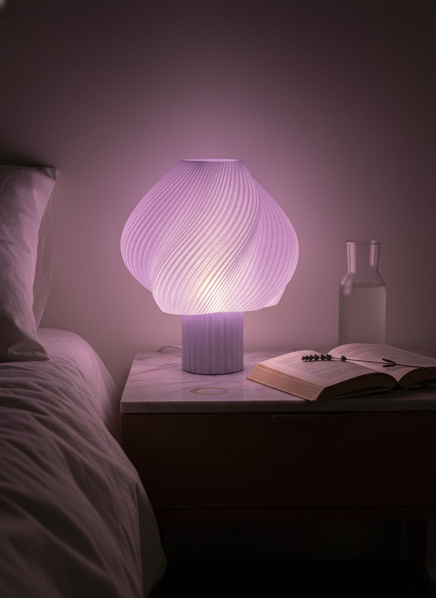 Lumo lamp op nachtkastje, gloeiend lavendel