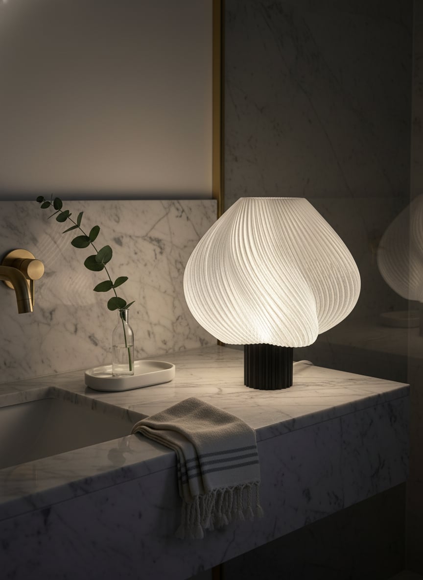 Lumo lamp op een marmeren badkamer-vanity