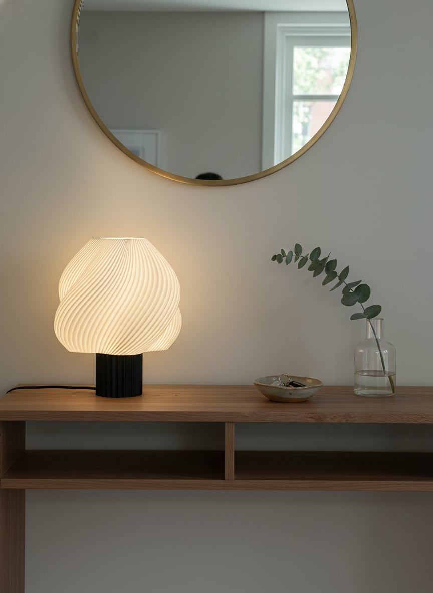 Lumo lamp op een walnut console-table met ronde brass spiegel