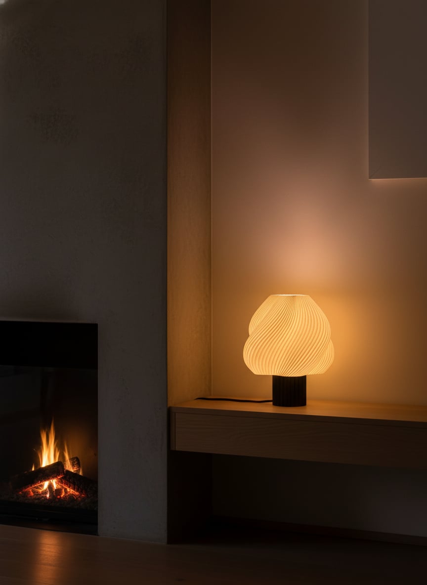 Lumo lamp op floating shelf naast een open haard