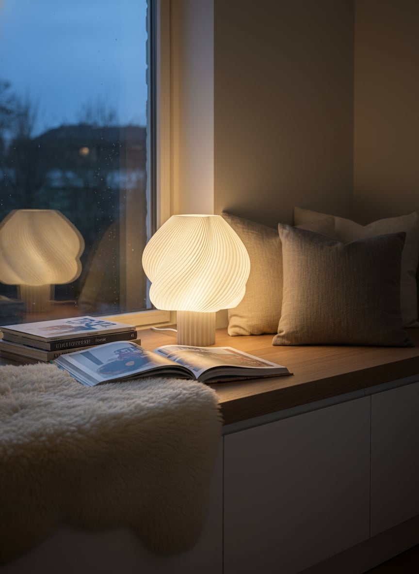 Lumo lamp op een oak windowsill-bench bij avond