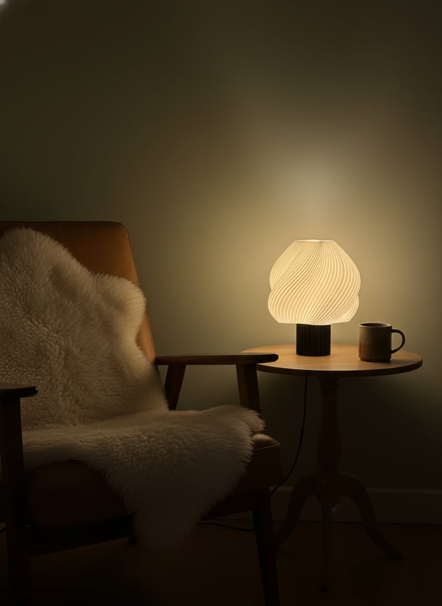 Lumo lamp naast een vintage lederen fauteuil