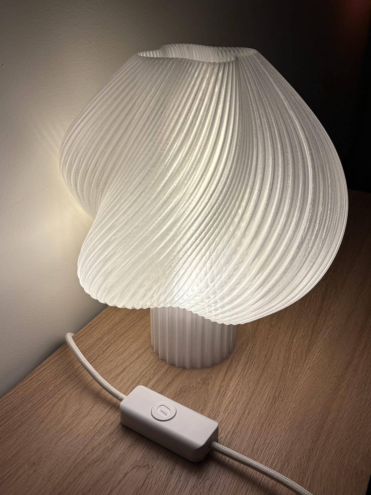 Lumo lamp aan, met dimbare in-line schakelaar zichtbaar